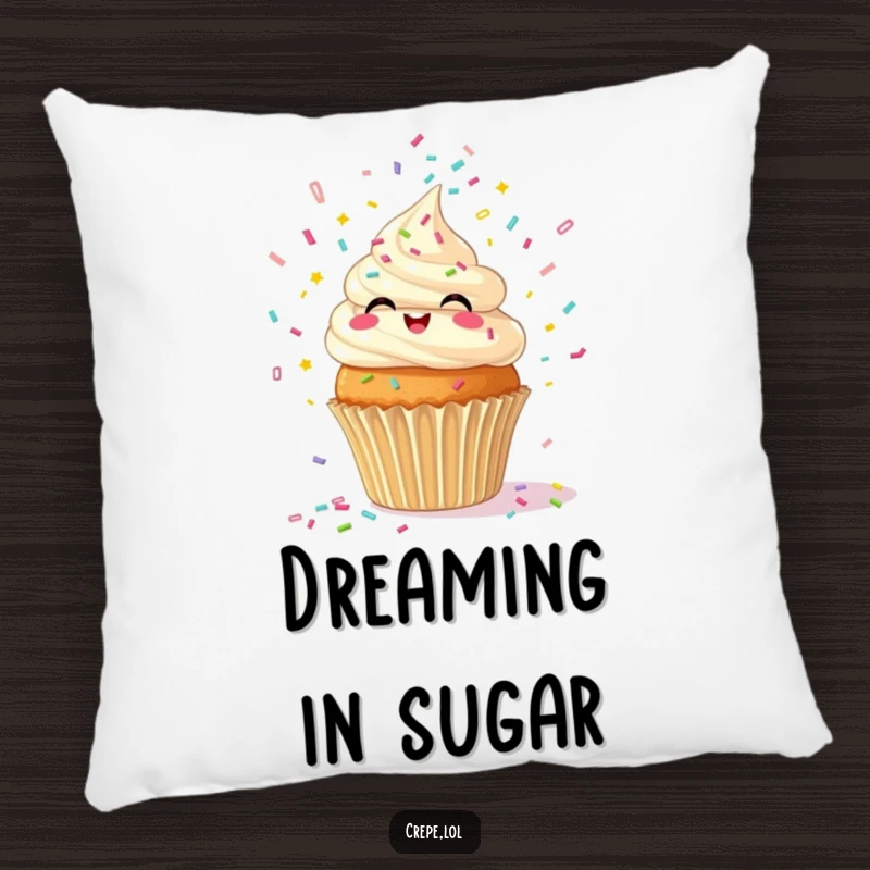Funny pillow showcasing a happy cupcake releasing a stream of confetti, adding comfort and cheer.