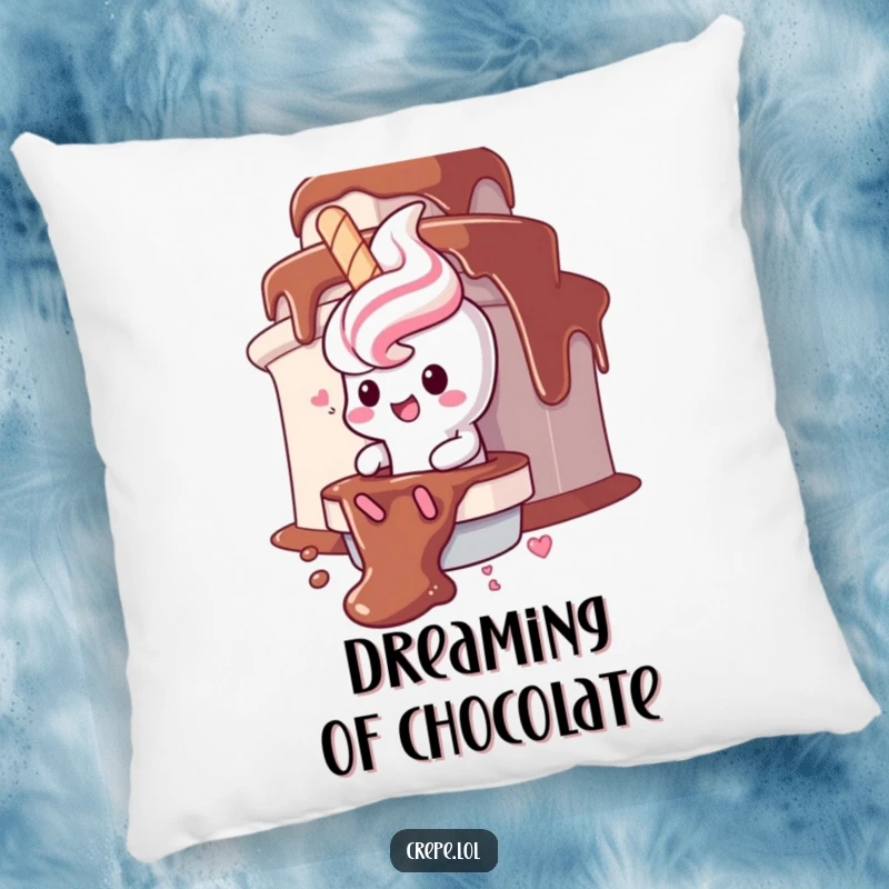 Funny churro character pillow, gleefully sliding down a chocolate fountain, soft and decadent decor.