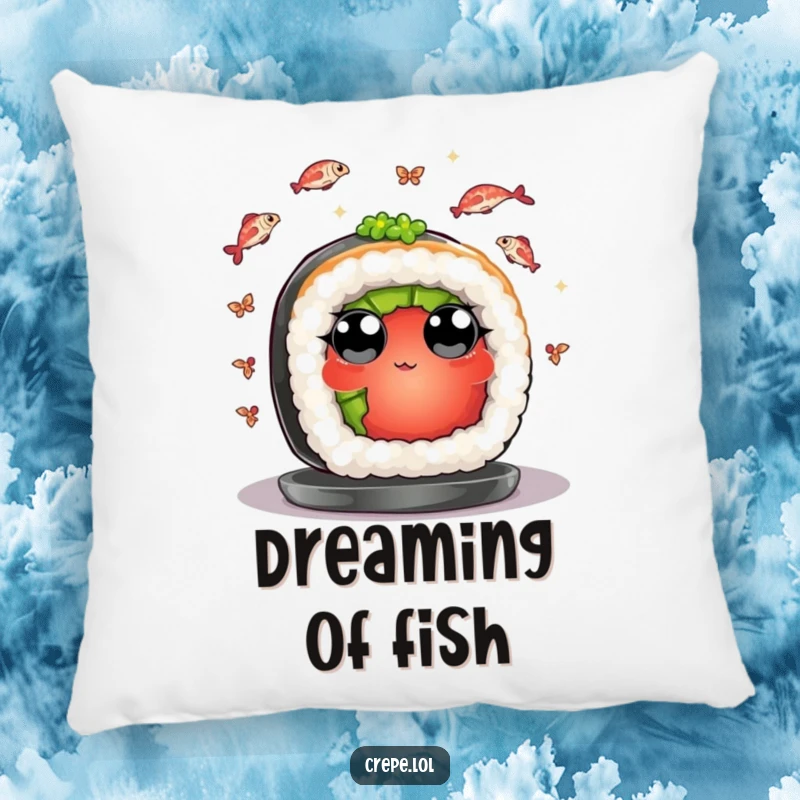 Funny pillow featuring a sushi roll juggling fish, offering comfortable support with a side of humor.