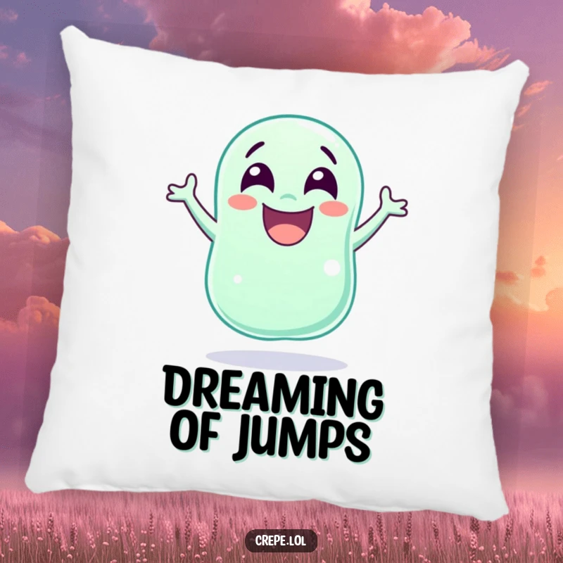 Funny laughing jellybean with wide eyes jumping energetically, depicted on a soft and decorative pillow.
