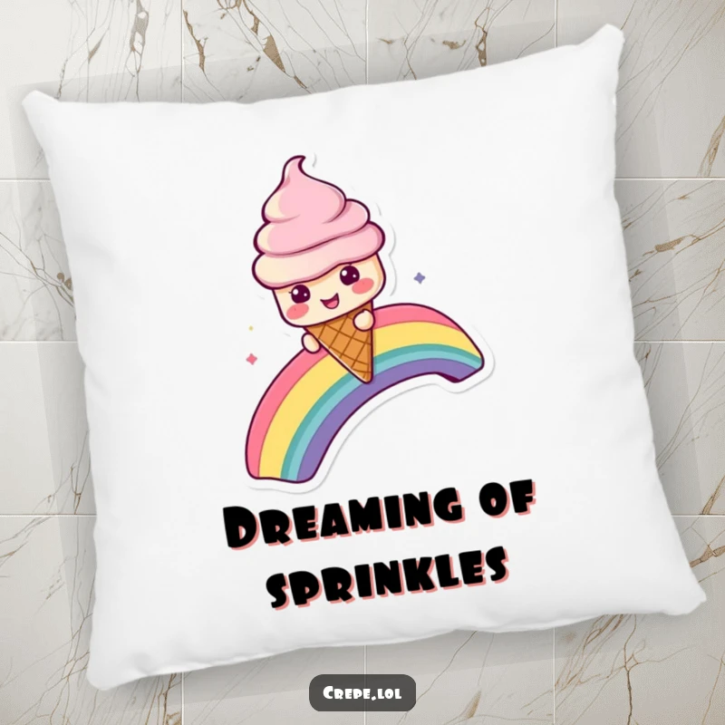 Funny pillow featuring an ice cream cone character enjoying a slide down a bright rainbow, soft and sweet.