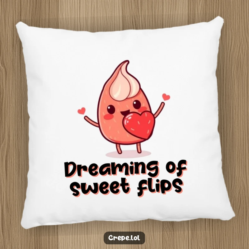 Funny pillow featuring a smiling red crepe with a strawberry heart, flipping happily, providing comfort and sweet cheer.