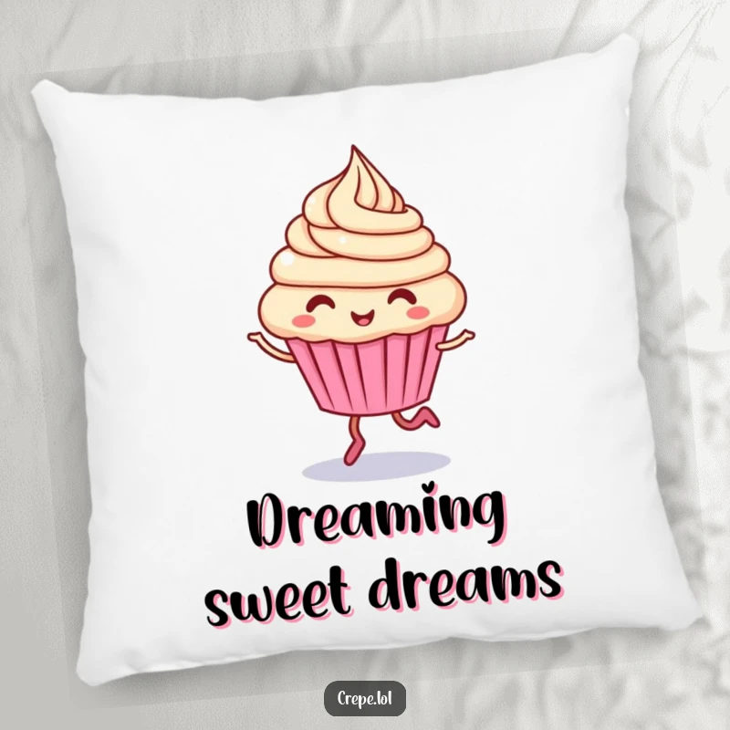 Funny cupcake character pillow, giggling and hopping with swirling frosting, soft and cheerful decor.