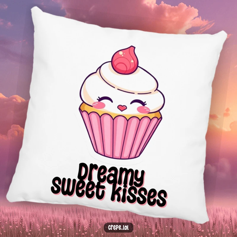 Funny smiling cupcake character pillow blowing a kiss, a soft and sweet-themed decorative item.