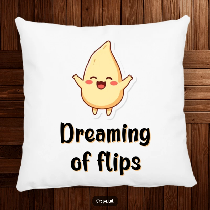Funny pillow featuring a happy crepe mid-flip, offering soft amusement and a touch of breakfast delight.