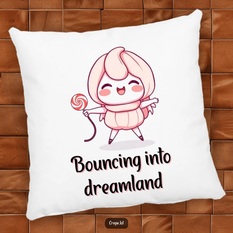 Funny pillow featuring a grinning crepe character mid-jump rope session with a licorice string, offering comfort and comedy.