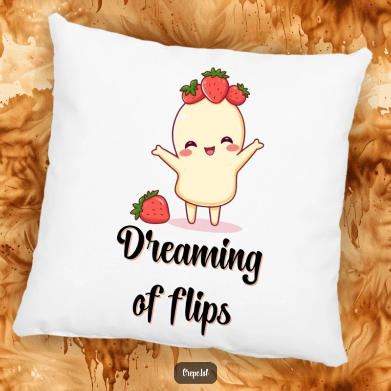 Funny pillow featuring a crepe with a strawberry crown, caught in a playful flip motion, adding comfort and humor to decor.
