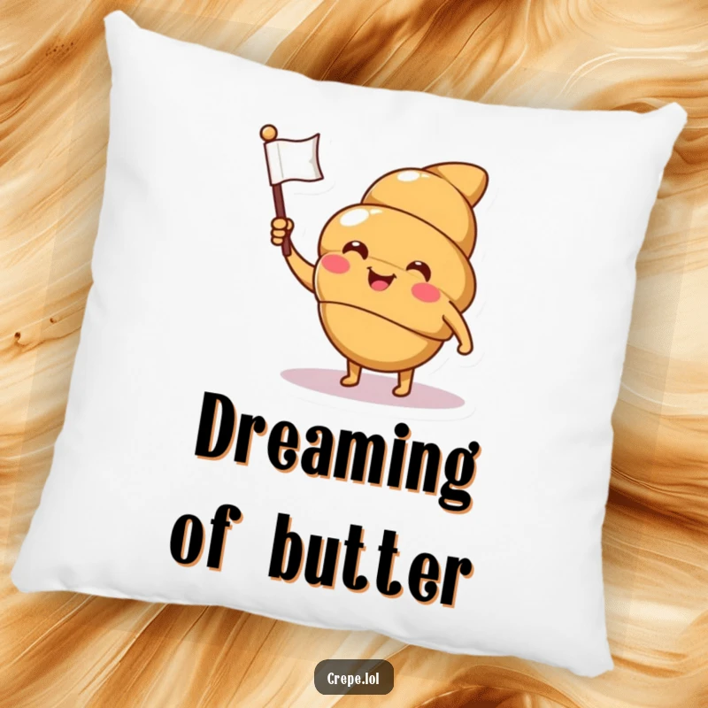 Funny croissant pillow with a smiling, winking character waving a flag, perfect for adding humorous comfort to any room.