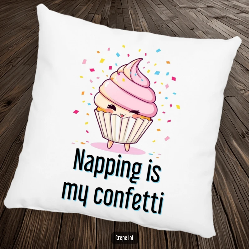 Funny cupcake character pillow, winking and blowing confetti, providing cozy comfort and festive humor.