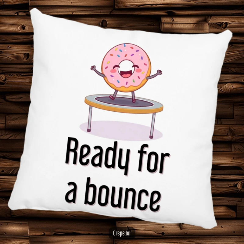 Funny donut with sprinkles bouncing playfully on a trampoline, a soft decorative pillow.