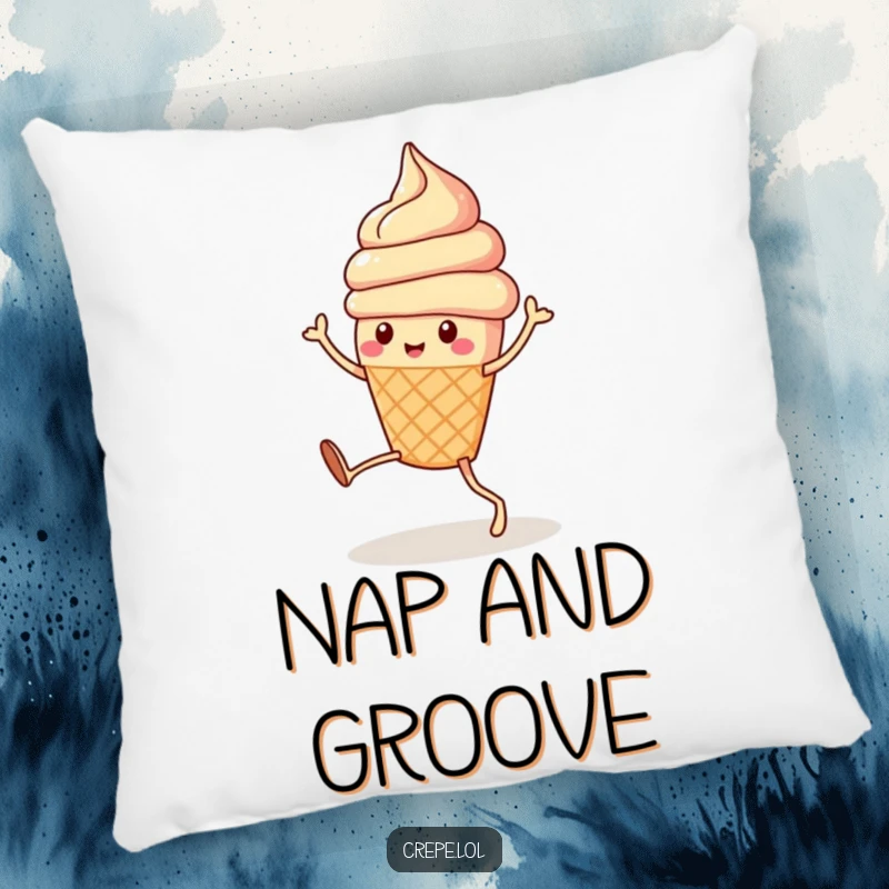 Funny cute ice cream cone with legs performing a silly dance, depicted on a soft and decorative pillow.
