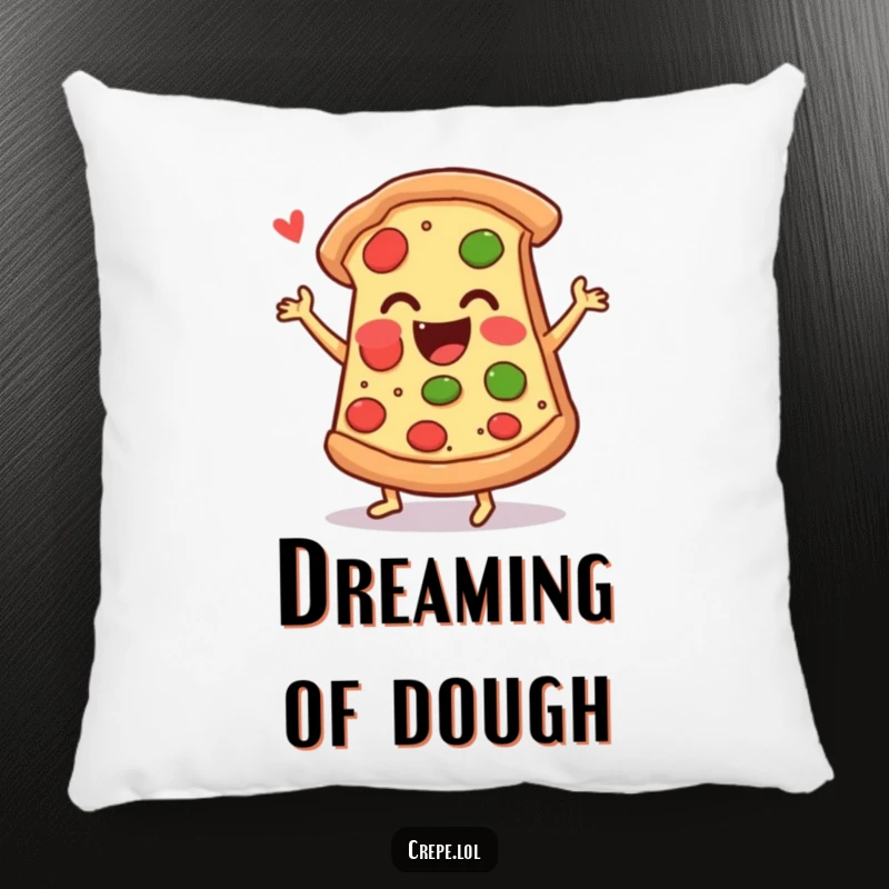 Funny pizza pillow featuring a happily jigging slice of pizza, offering comfort and a touch of culinary humor.