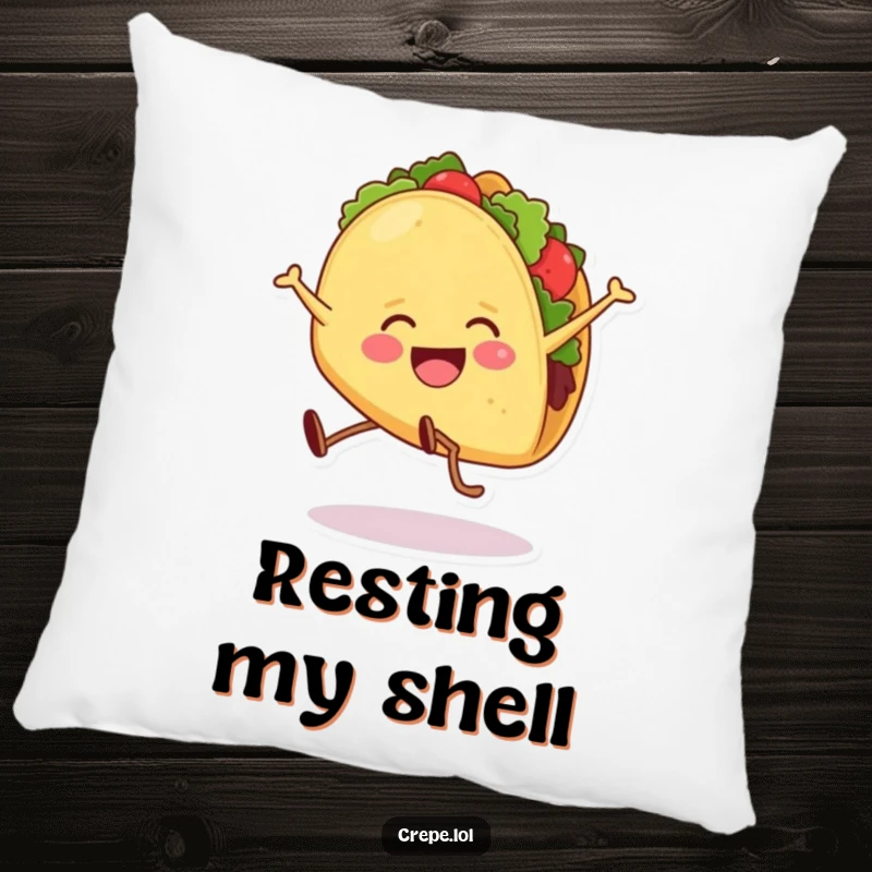 Funny pillow with a smiling taco doing a cartwheel, offering plush comfort and a dose of giggle-worthy decor.