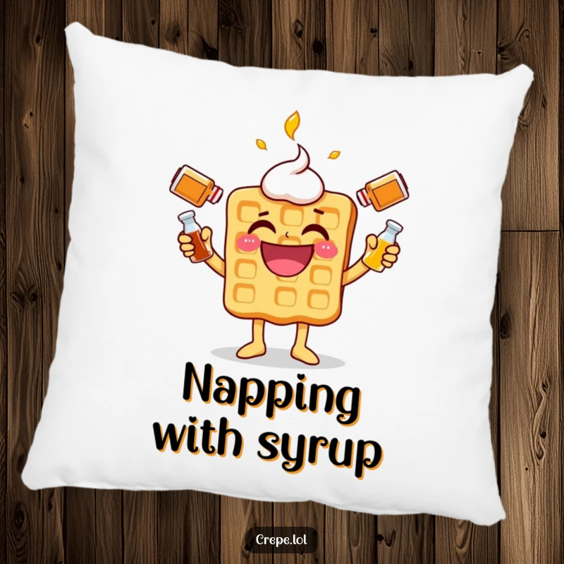 Funny waffle character pillow, joyfully juggling syrup bottles, soft and humorous home decor.