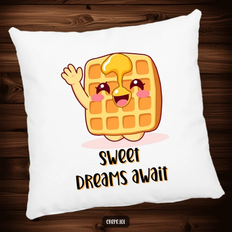 Funny waffle with syrup waving enthusiastically, a soft decorative pillow.