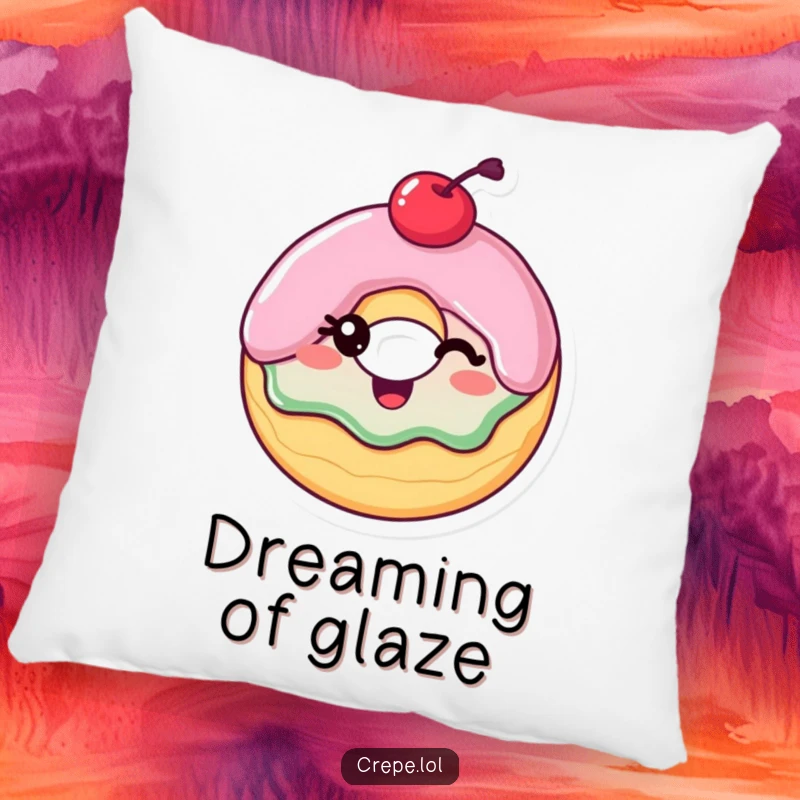 Funny Pillow: A delighted donut with a cherry on top winking, soft and decorative, bringing sweet humor to any space.