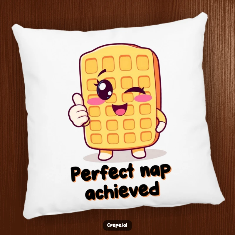 Funny winking waffle pillow giving a thumbs up, a soft and cheerful breakfast-themed decorative item.