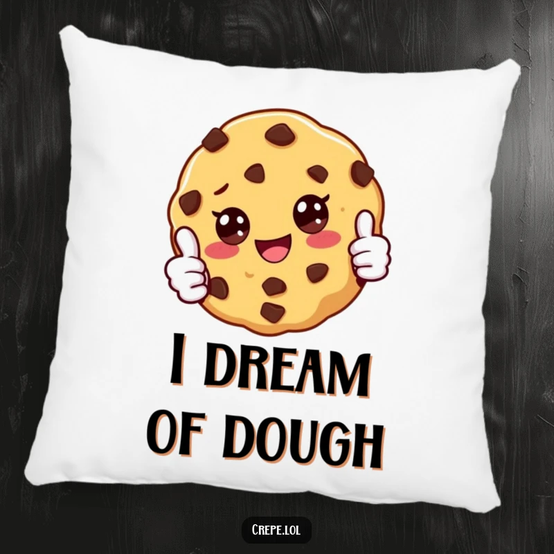 Funny and soft decorative pillow with a happy chocolate chip cookie giving a thumbs up, adding humor to any couch or bed.