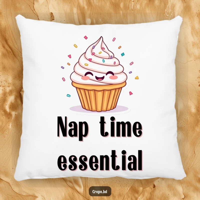 Funny pillow featuring a spinning cupcake with frosting and sprinkles, offering plush comfort and a humorous, sweet touch.