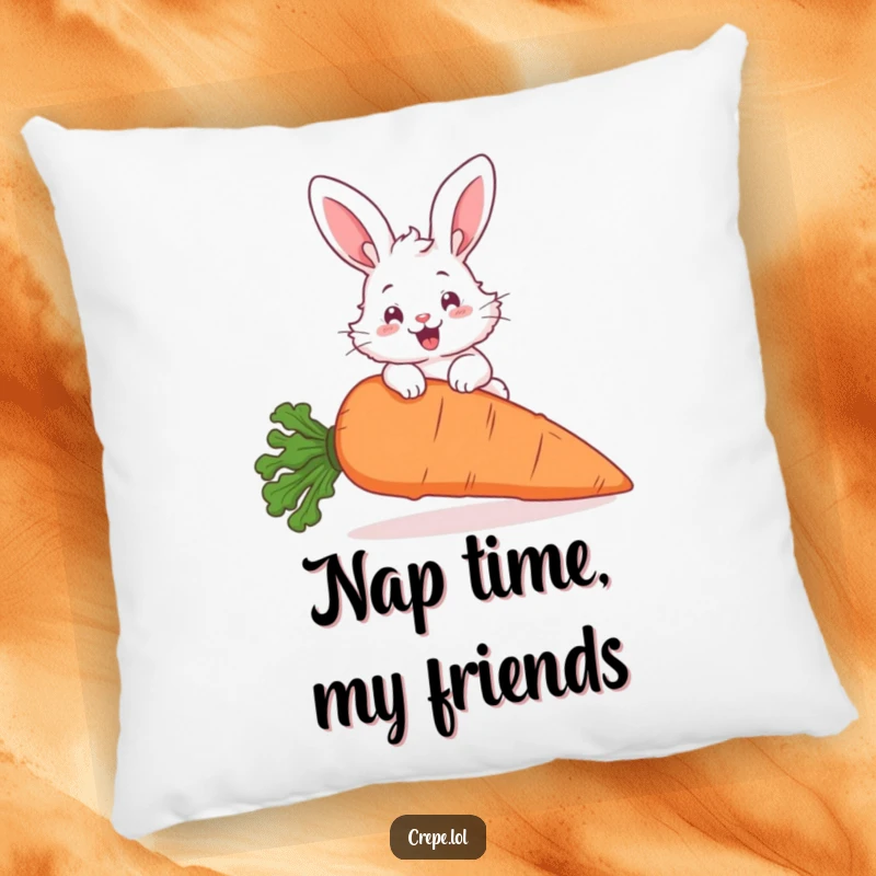 Funny fluffy bunny enthusiastically hopping over a giant carrot, a soft and humorous accent pillow.