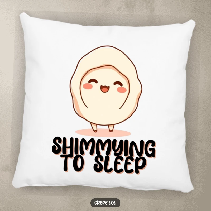 Funny pillow featuring a flat crepe happily shimmying with filling visible, offering soft amusement and dessert delight.