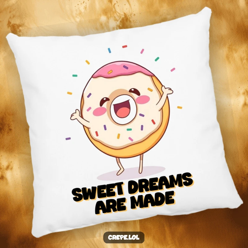 Funny donut pillow with a gleeful dancing character and flying sprinkles, perfect for adding humorous comfort to any room.