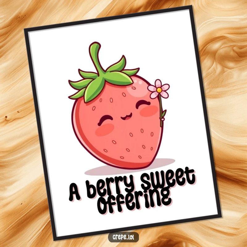 Funny Strawberry Flower Digital Art Print of a blushing strawberry offering a delicate flower, adding instant charm and tenderness.