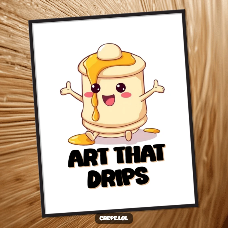 Funny pancake digital art print of a bouncing character with dripping syrup, ideal for printable wall decor.