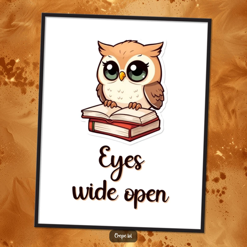 Funny digital art print of an astonished owl on a book, perfect for instant, humorous home decor.