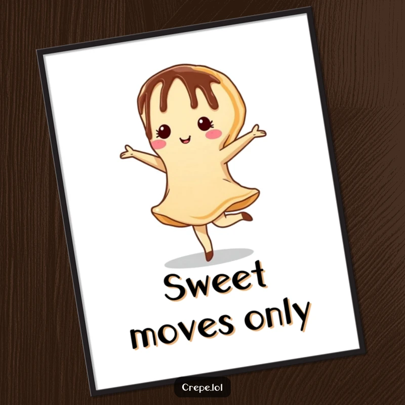 Funny digital art print of a chocolate-drizzled crepe performing an elegant pirouette, perfect for adding artistic charm.