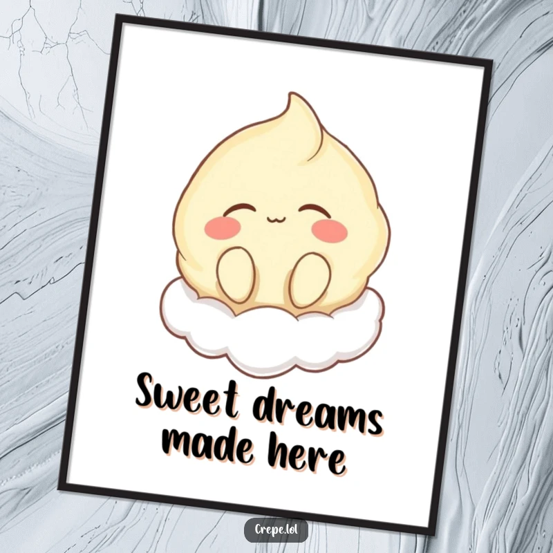 Funny digital art print of a happy crepe character humming on a cloud, eyes closed, creating a peaceful and humorous ambiance.