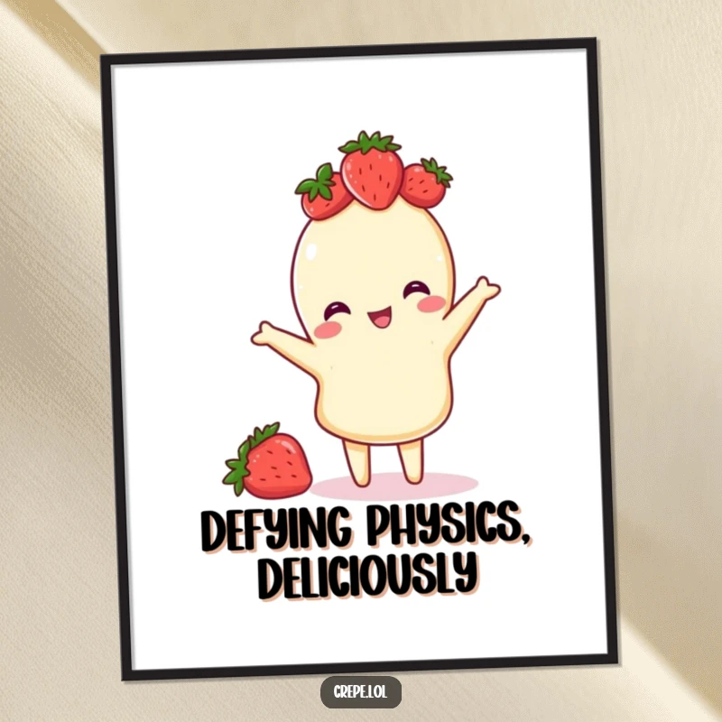 Funny digital art print of a crepe crowned with strawberries, captured in a playful flip, perfect for vibrant wall decor.