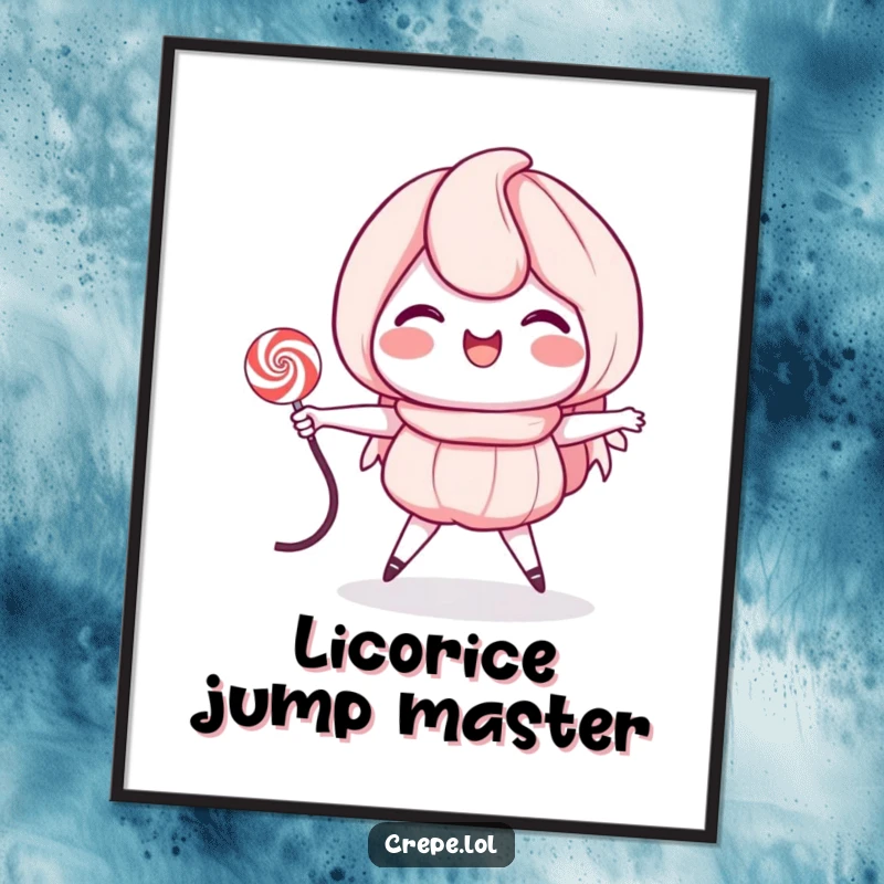 Funny digital art print of a grinning crepe character jumping rope with a licorice string, perfect for vibrant, humorous wall decor.