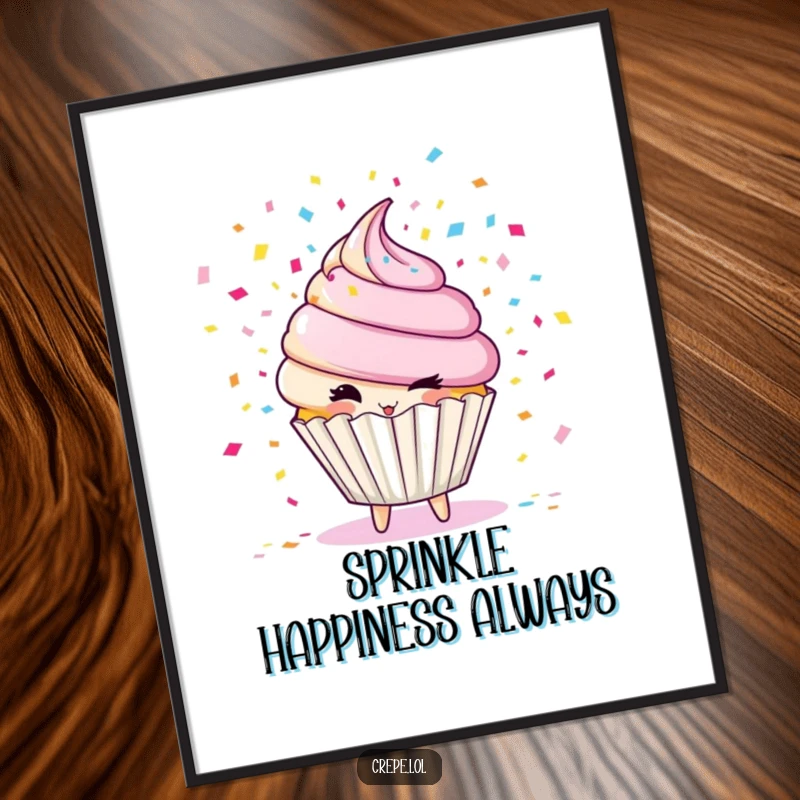 Funny cupcake character digital art print, winking and releasing colorful confetti, ready for instant download.