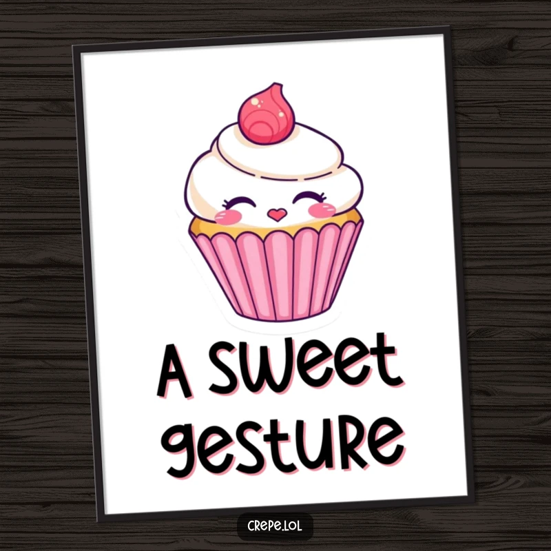 Funny smiling cupcake character digital art print blowing a kiss, ideal for printable wall decor.
