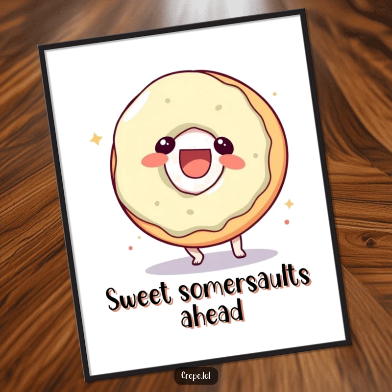 Funny donut character digital art print, performing a somersault with a laugh, ready for instant download.