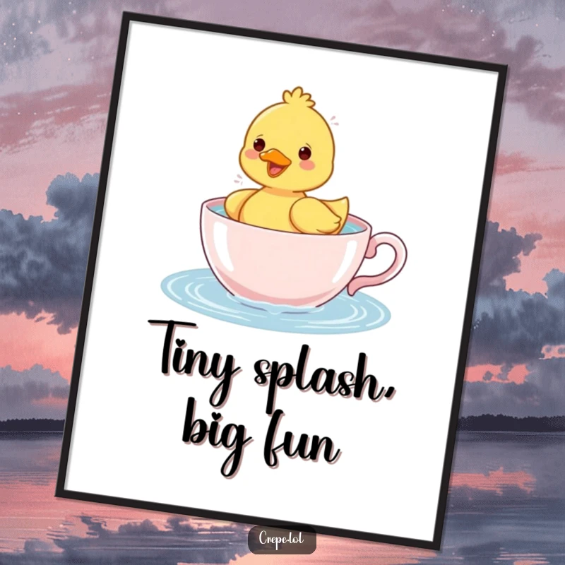 Funny duckling happily splashing water while paddling in a teacup, a high-resolution digital art print for humorous decor.