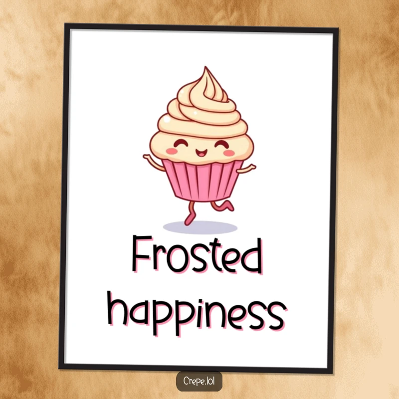 Funny cupcake character digital art, giggling and hopping with swirling frosting, ideal for cheerful decor.