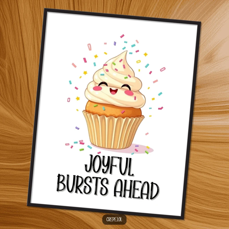 Funny digital art print of a giggling cupcake showering confetti, bringing instant happiness and color to any room.