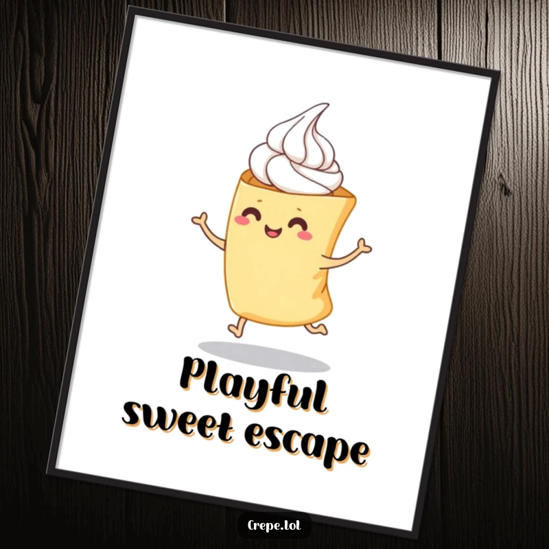 Funny digital art print of a folded crepe with whipped cream doing a playful hop, perfect for adding instant joy to decor.
