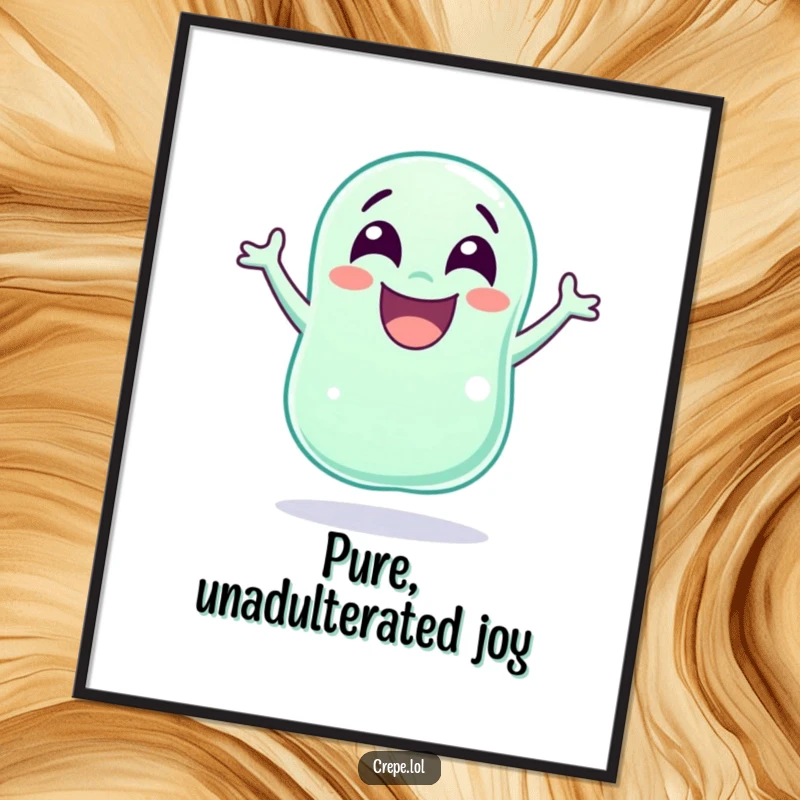 Funny wide-eyed jellybean captured mid-jump, laughing with pure bliss, presented as a high-resolution digital art print.