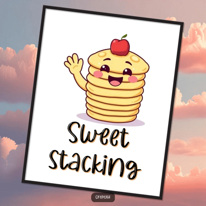 Funny pancake digital art print of a grinning stack of pancakes waving hello, ready to add cheer to any room.