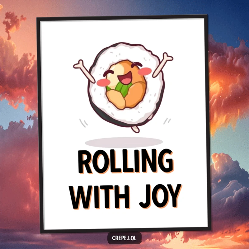 Funny sushi roll cartwheel digital art print of a delighted character doing a cartwheel, offering instant humorous food-themed decor for any wall.
