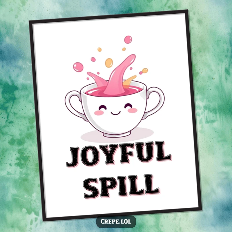 Funny smiling teacup playfully spilling colorful liquid, a humorous digital art file.