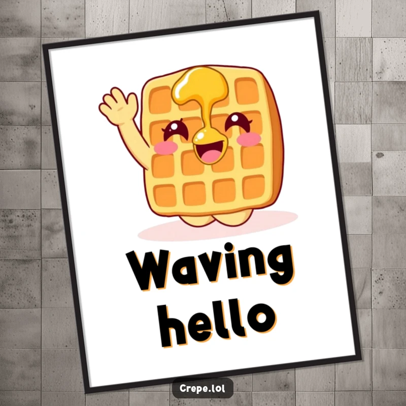 Funny waffle with syrup waving enthusiastically, a humorous digital art file.