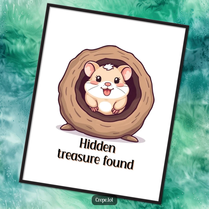Funny digital art print of a happy hamster peeking out from a hollow log, capturing adorable curiosity.