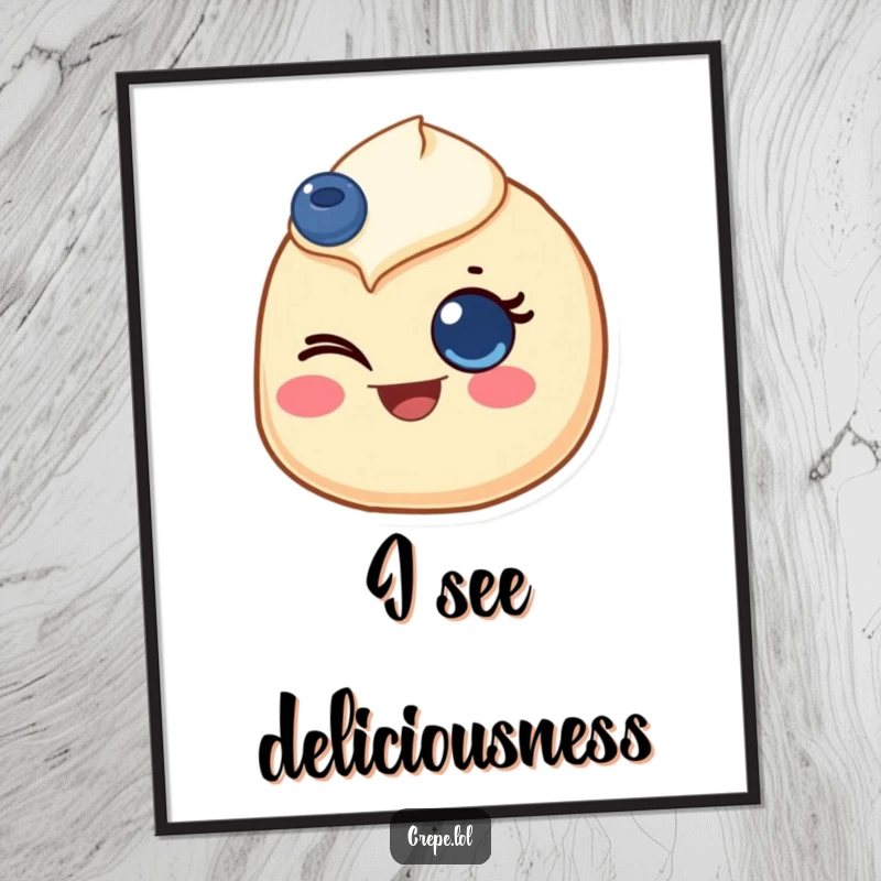 Funny digital art print of a crepe with a blueberry eye, giving a joyful wink, perfect for adding happiness to walls.