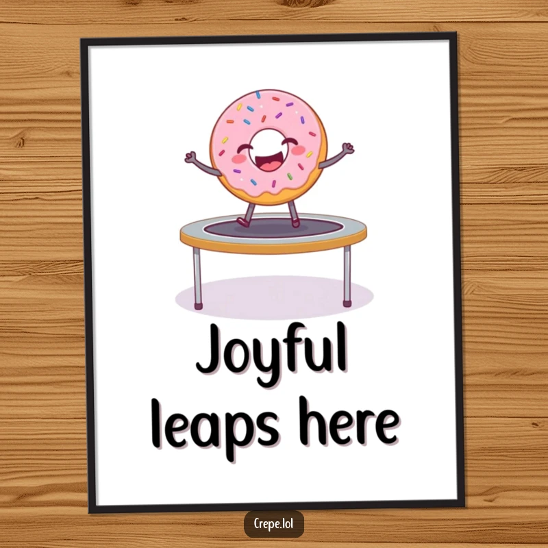Funny donut with sprinkles joyfully bouncing high on a trampoline, a humorous digital art file.