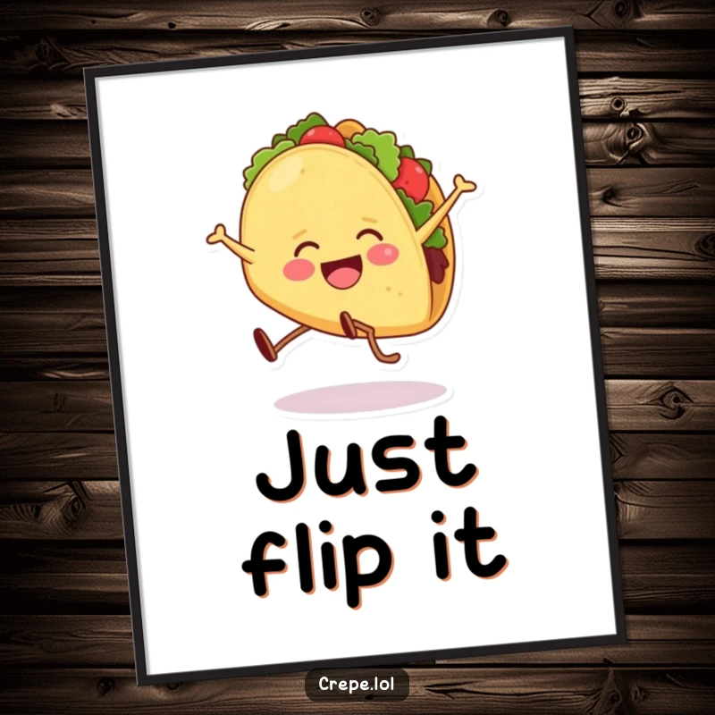 Funny digital art print of a smiling taco with legs doing a cartwheel, offering instant humor and vibrant decor.