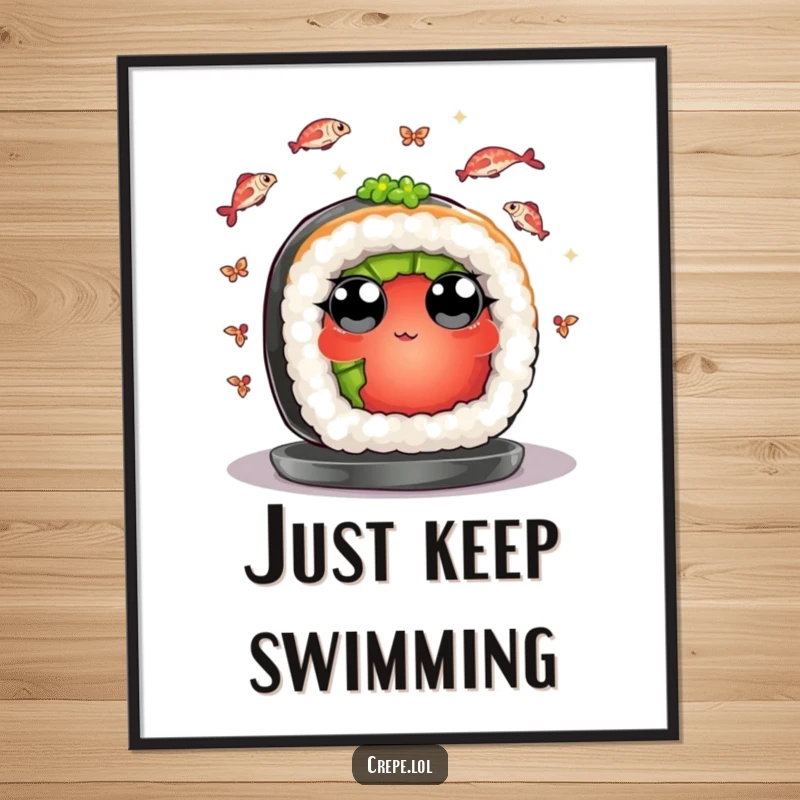 Funny digital art print of a sushi piece juggling fish, providing instant humorous decor for any room.